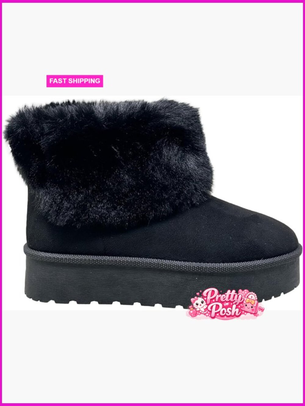 Women's Platform Booties Faux Suede Fur Lining Pull On Cuff Ankle Boots